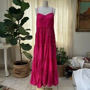 Eyelet Lace Patchwork Prairie Romantic Maxi Boho Pink Sundress L BHANUNI